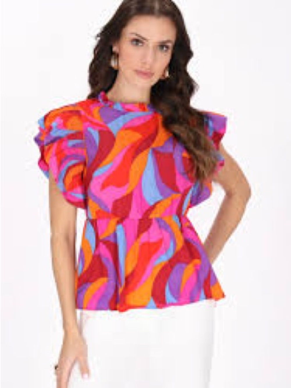 Bright Multi-Color Flutter Sleeve Peplum Top